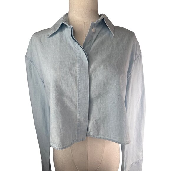 2/$30 ZARA XS Cropped Light Blue Chambray Cotton Linen Relaxed Fit - Picture 11 of 14